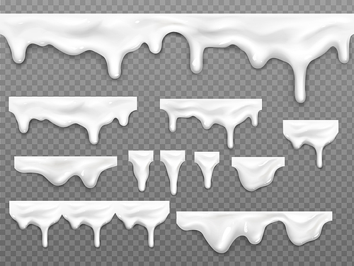 Realistic dripping milk drops, melted white liquid yoghurt, mayonnaise splashes, glossy seamless cream border with falling droplets, molten texture isolated on transparent , 3d vector mockup