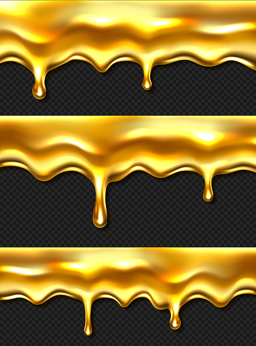 Dripping honey drops realistic seamless border, liquid yellow syrup splashes, glossy drip with falling droplets, flow oil or sweet caramel texture isolated on transparent background. 3d vector set