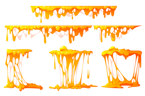 Flowing melted cheese isolated on white . Vector cartoon borders of hot cheddar, parmesan or holland cheesy slices with holes and molten liquid drops