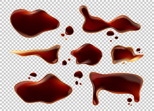 Spill soy sauce or cola puddle isolated brown liquid drops top view on transparent background. Soda drink brown splatters, abstract spilled asian condiment blobs, Realistic 3d vector illustration, set