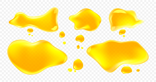 Spills of yellow juice, oil or honey isolated on transparent background. Vector realistic set of clear liquid puddles and drops of orange, lemon or mango juice top view
