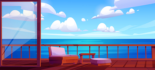 Wooden terrace with sea or ocean view. Home, villa or hotel area with sofa, ottoman and table on wood patio with fence and scenery nature calm seascape summer background, Cartoon vector illustration