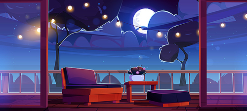 Home terrace at night, hotel or cafe outdoor patio with furniture, light garland and dark garden with trees under full moon at starry sky. Cartoon background with wooden veranda, Vector illustration