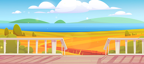 Rural field view from wooden terrace, cottage veranda at countryside or village. Autumn nature landscape with dirt road going through yellow meadow to blue sea shore. Cartoon vector 2d background
