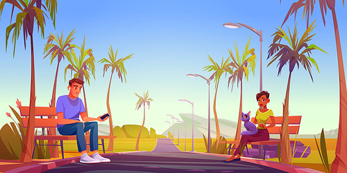People relax sitting at roadside benches at landscape with empty road and palm trees perspective view. Man listening music via smartphone and woman with cat on knees, Cartoon Vector illustration