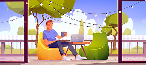 Man relax at outdoor home terrace, male character with coffee cup sitting at wooden patio at armchair with laptop on table, green trees and lawn view. Area for relaxation Cartoon vector illustration