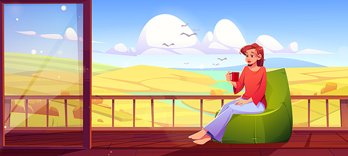 Woman with coffee cup relax at outdoor home terrace with beautiful nature landscape autumn field and river view. Female character resting at wooden patio or hotel balcony, Cartoon vector illustration