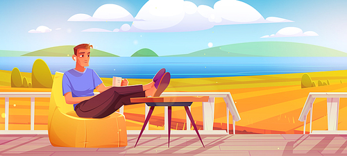 Man with coffee cup relax at outdoor home terrace with beautiful nature landscape autumn field and pond view. Male character rest at wooden farm or ranch patio with porch, Cartoon vector illustration