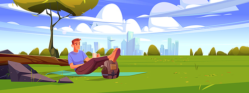 Man rest on green lawn with trees, bushes and city buildings on horizon. Vector cartoon illustration of autumn landscape of park or countryside with person sitting on mat with cup and backpack