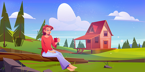 Girl on picnic on summer meadow with wooden house and coniferous trees. Vector cartoon illustration of rural landscape with woman with cup sitting on log, village cottage and forest