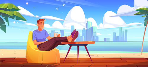Man rest on wooden terrace on sea beach. Vector cartoon summer tropical landscape of ocean shore, palm trees, city on skyline and person sitting in bean bag chair with cup on embankment