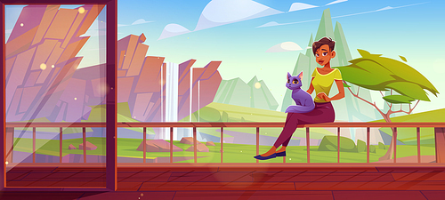 Woman with cat relax at outdoor home terrace with beautiful nature landscape view with waterfall and mountains. Female character resting at wooden patio or hotel balcony, Cartoon vector illustration