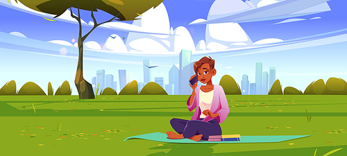 Woman with relax on lawn landscape with city skyline. Cartoon female character sitting on mat with books speaking by mobile. Summer outdoor recreation at green meadow or park field Vector illustration
