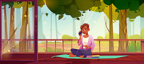 Girl rest on house terrace with view to forest or garden. Vector cartoon illustration of summer landscape with trees, wooden veranda and woman sitting on mat and talking on phone