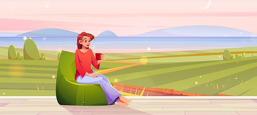 Woman rest in bean bag chair on house porch or terrace with view to fields and lake in early morning. Vector cartoon illustration of girl with cup on wooden veranda and countryside landscape