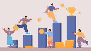 Business people climbing up financial graph stairs with golden cup on top. Way to success, challenge and leadership concept. Career ladder, characters teamwork cooperation Line art vector illustration