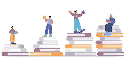 Reading books in lifespan concept. Vector flat illustration of person at different ages standing on stack of books and read. Set of boy, teen, adult and elderly character liking literature