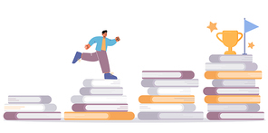 Man climbing up the book stairs with trophy cup and flag on top. Education knowledge and learning via reading. Character studying, self development and goal achievement Linear flat vector illustration