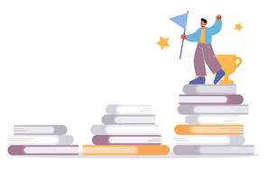 Reading for achieve goals, education success concept. Vector flat illustration of man with flag and award standing on top books stack. Staircase of books leading to win