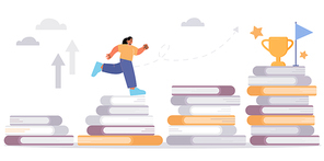 Woman run on stairs of books stacks to award on top. Concept of reading and knowledge help achieve goals, success in education and career. Vector flat illustration of girl and prize on books staircase