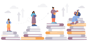 Concept of reading books in lifespan from baby age to adult and old. Vector flat illustration of girl, teen, woman and granny standing on stack of books and read