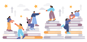 People stand on book piles and help friends to climb up the top. Education, teamwork, learning via reading. Characters studying, self development and goal achievement Linear flat vector illustration