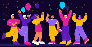 Happy people celebrate party. Business team corporate holiday, birthday. Group of cheerful men and women dance and rejoice on festive event with balloons and confetti Line art flat vector illustration