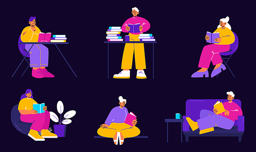 People read books in different poses. Vector flat illustration of men and women sitting in chair, lying on couch, standing at table with stack of books and reading isolated on black background