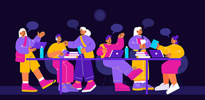 School or college students, young people study together. Vector flat illustration of happy teenagers sitting at table with books and laptop on black background
