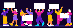 Happy people holding blank banners on presentation, demonstration or rally. Vector flat illustration of group of activists with white posters and placard on black background