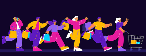 Happy people run and rush to buy on sale. Concept of discount in store, black friday sale. Vector flat illustration of group of excited men and women with shopping bags and cart hurry to purchase