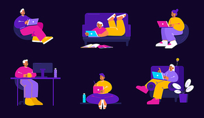 People work and study at home. Concept of freelance, distance job, online learning. Vector flat illustration with students or workers with laptop isolated on black background