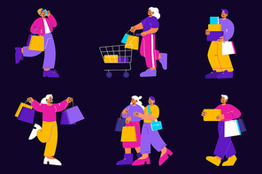 People with shopping bags, cart and boxes. Vector flat set of happy customers carrying purchases. Buyers walking from store, mall or market with bags isolated on black background