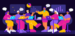 Analytics team work with data on dashboard and laptops. Vector flat illustration of teamwork, business analysis with employees in office and graphs on wall isolated on black background