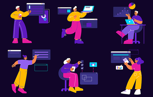 Process of mobile and web app development, computer software, digital interfaces. Vector flat illustration of people developers programming application on laptops