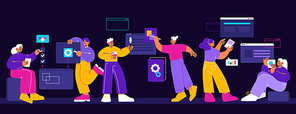 Team of mobile and web app development, digital interfaces, computer software. Vector flat illustration of developers teamwork, process of programming application