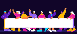 Group of happy people holding blank horizontal banner together. Vector flat illustration of men and women activists with white placard on presentation or demonstration