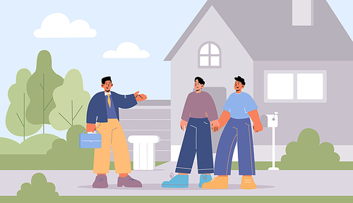 Gay couple buy new house, agent show cottage to male characters holding hands. Homosexual family buying real estate property, mortgage loan or home purchase concept, Line art vector illustration