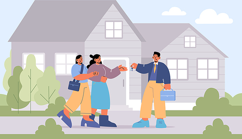 Lesbian couple buy new house, agent giving cottage keys to female characters holding hands. Homosexual family buying real estate property, mortgage loan or home purchase Line art vector illustration