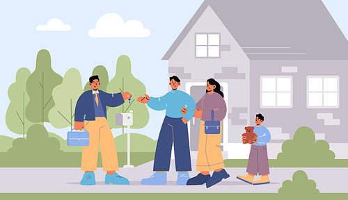 Family buy or rent house from real estate agent. Vector flat illustration of man realtor gives key to couple with kid. Landscape with building, salesman and customers