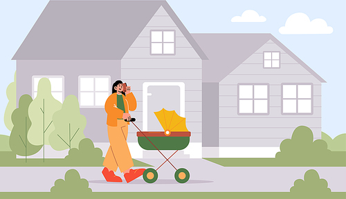 Woman walk with baby carriage. Mother push stroller with newborn child and talk on mobile phone. Vector flat illustration of family, maternity, parenthood concept. Mom walking with infant in pram