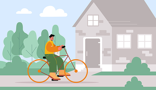 Man ride on bike on street. Concept of sport and healthy lifestyle with young person cyclist. Vector flat illustration of happy character on bicycle and summer landscape with house and trees