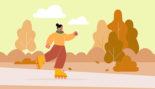 Girl ride on roller skates in autumn park. Vector flat illustration of fall landscape with orange trees, road and young woman on rollerskates. Concept of healthy lifestyle, outdoor sport activity