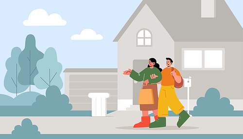 People walk on street. Couple of woman with shopping bag and man with backpack walking together. Vector flat illustration of summer city landscape with house, trees and happy characters