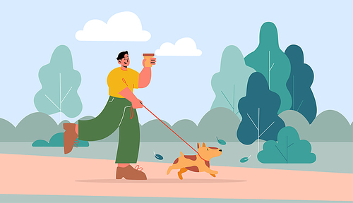 Man walk with dog on leash in park. Vector flat illustration of happy character pet owner on stroll with puppy. Summer landscape with green trees, grass, road and person with coffee and dog