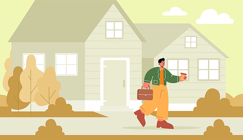Businessman with briefcase walk on street. Man in business suit go to work in office. Vector flat illustration of autumn landscape of city street with house, trees and employee person with coffee