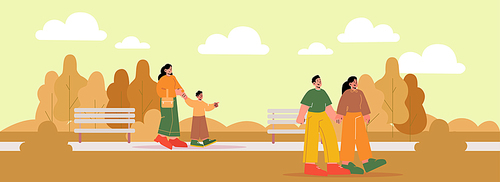 People walk in autumn park. Happy couple of girl and man walking together. Vector flat illustration of fall landscape with orange trees, benches and woman with boy