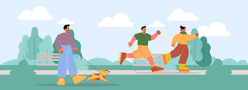 People run, ride on roller skates and walk with dog on leash in park. Vector flat illustration of summer landscape with man with puppy, girl on rollerskates and jogger