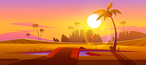 Golf course with pond with bridge and palm trees at sunset. Vector cartoon tropical landscape of sport field with grass, hole for golf ball, pole with red flag, lake and evening sun