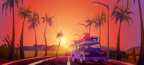 Tropical landscape with car with luggage on road with palm trees at sunset. Vector cartoon illustration of summer travel, scene with auto with suitcases, highway and mountains on horizon at evening